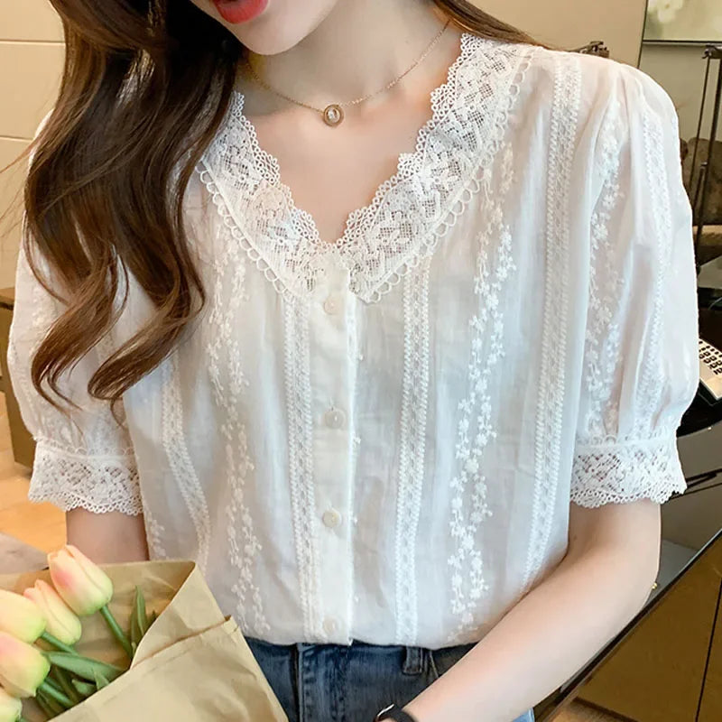 Summer Short Sleeve White Blouse Shirt Women Tops Blusas Verano Lace V-Neck Blouse Women Blouse
