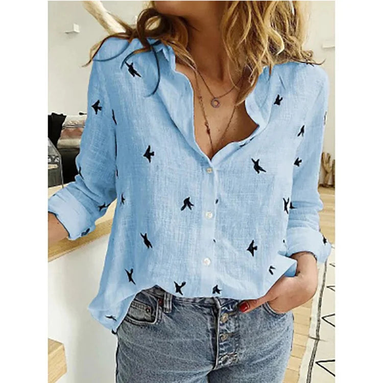 Elegant Cotton Linen Shirts Women Casual Solid Button Lapel Blouses Shirts Autumn Winter Long Sleeve Loose Tops