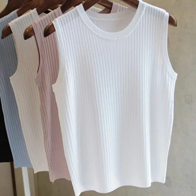 Summer Fashion Knitted Vests O-neck Sleeveless Casual Thin Tops Sleeveless Women Blouse