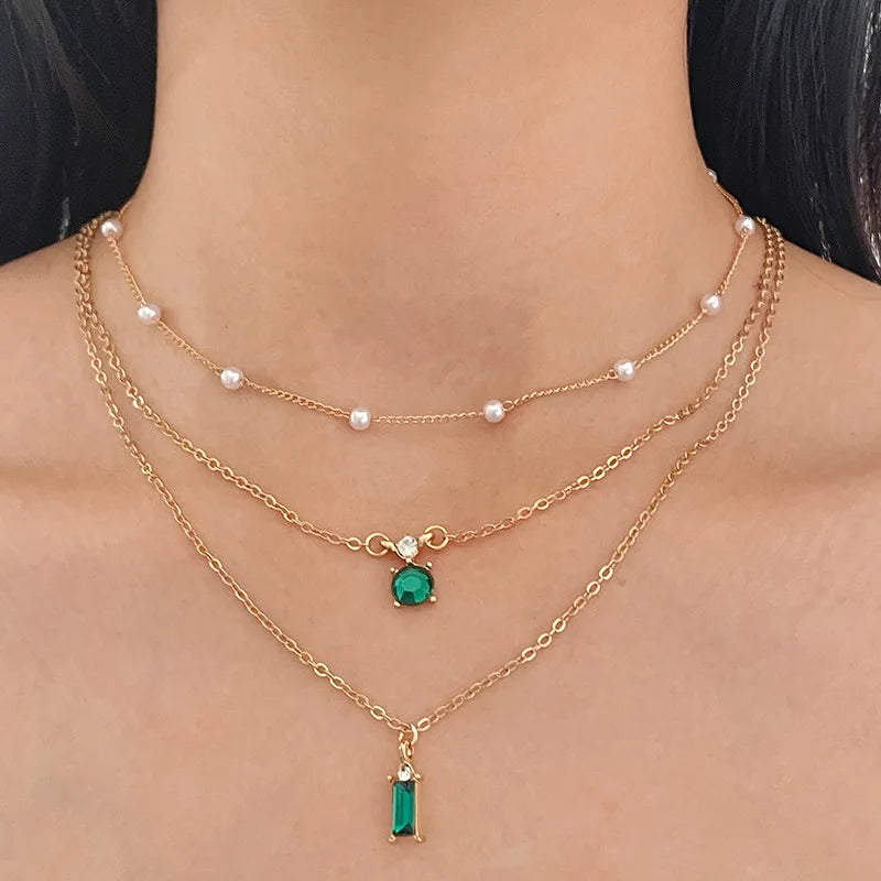 Simple Stacked Retro Imitation Emerald Green Pearl Multi-layer Necklace For Women