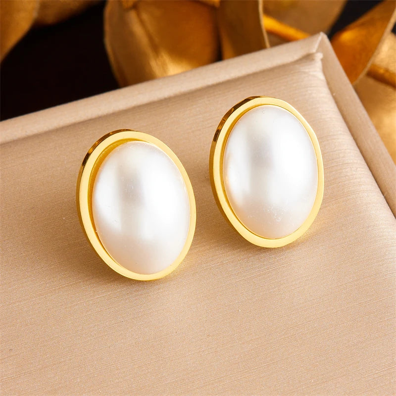 Stainless Steel Square Large Pearl Necklace Earrings Ring For Women