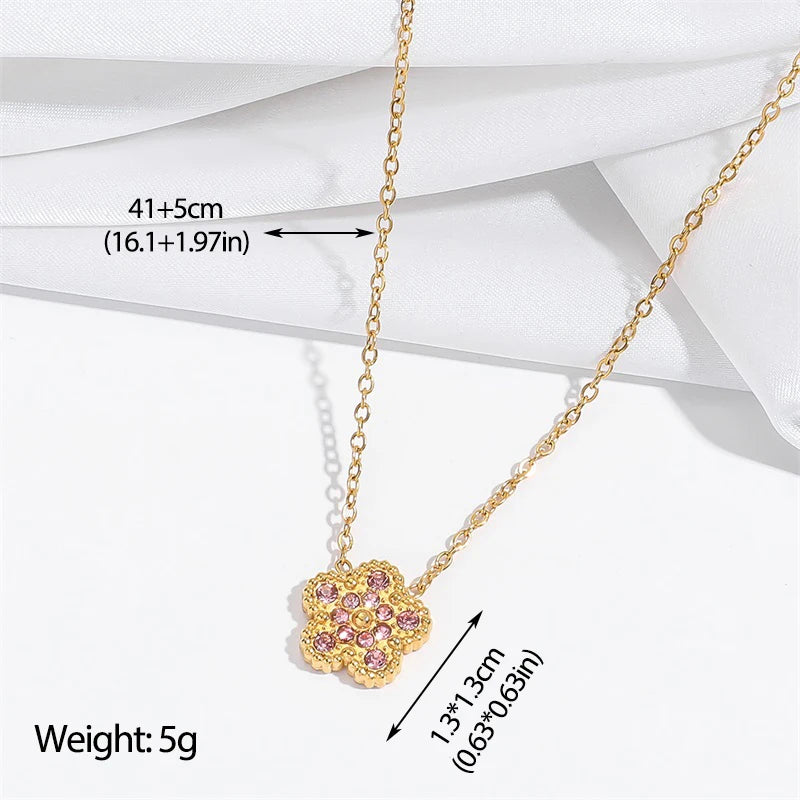 Pink Zircon Reversible Clover Necklace Bracelet Earrings Set For Women Trendy Stainless Steel Waterproof Jewelry