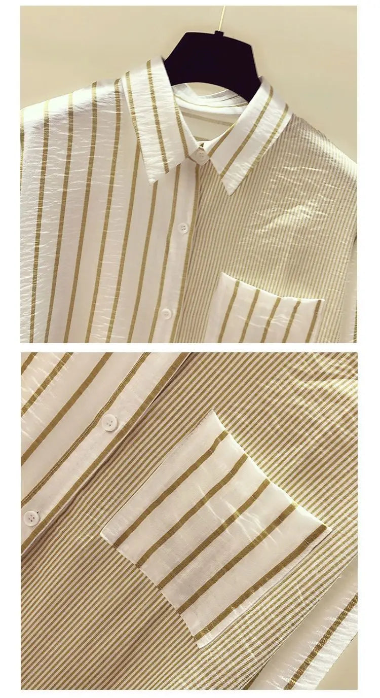 Korean Summer Trendy Women's Shirt Loose Casual Striped Patchwork Shirts Pocket Office Lady Sweet Women's Top