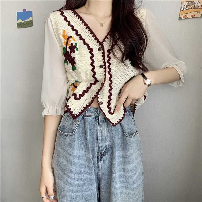 Flower Embroidery Crochet Blouse with Chiffon Sleeve Button Front Cardigan Top Women Spring Summer blouse