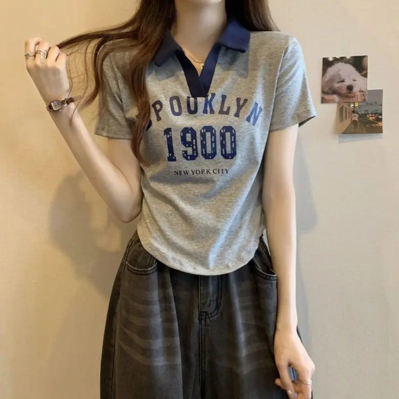 Women Summer Korean Fashion Letter Printing Slim Polo Collar Short Sleeve T-Shirt Simplicity Office Lady All-match Casual Tops