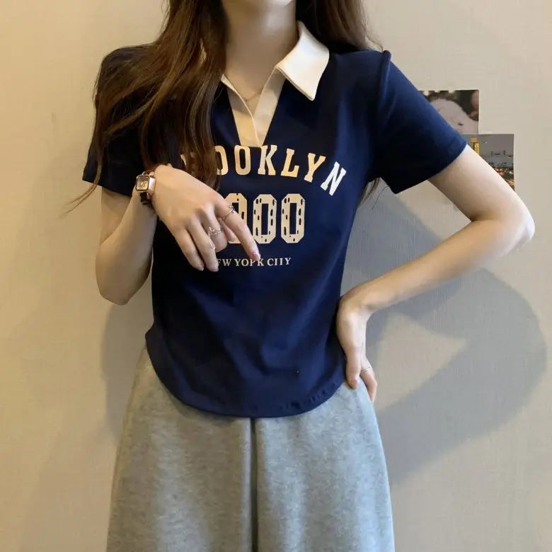 Women Summer Korean Fashion Letter Printing Slim Polo Collar Short Sleeve T-Shirt Simplicity Office Lady All-match Casual Tops