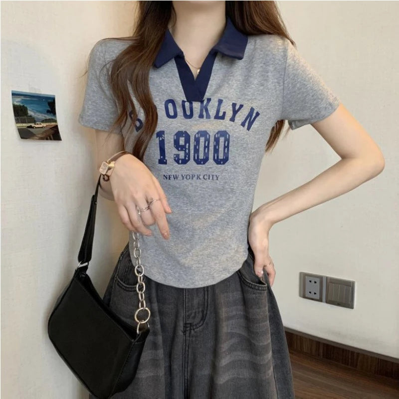 Women Summer Korean Fashion Letter Printing Slim Polo Collar Short Sleeve T-Shirt Simplicity Office Lady All-match Casual Tops