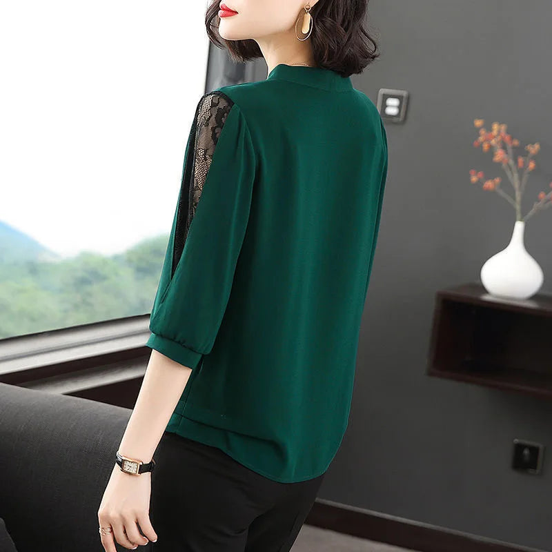 Women Casual Bow Tie Collar Half Lace Sleeve Loose Blouse