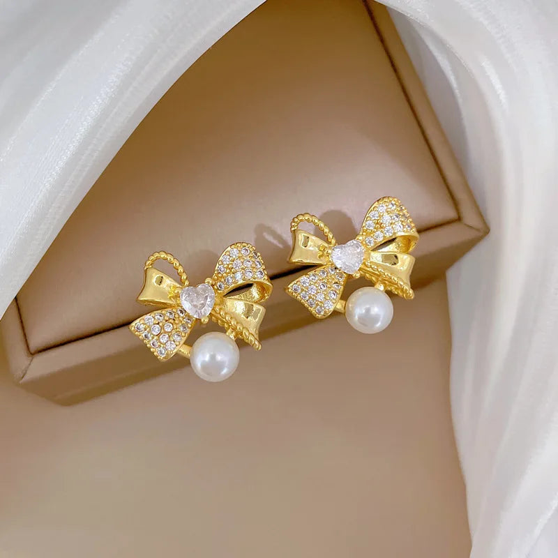 Classic Stainless Steel Gorgeous Pearl Bow Necklace Earrings Fashionable and Exquisite Accessories