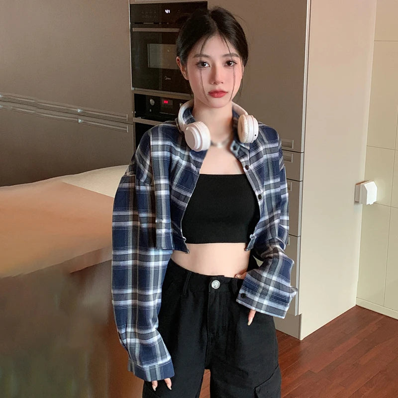Checkered Women's Long Sleeve Vintage Casual Lapel Turn-down Collar Plaid Classic Single Breasted Tops