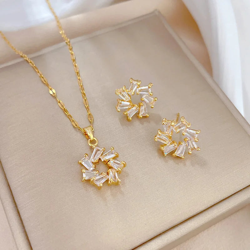 Stainless Steel Austrian Crystal Enamel Square Pendant Jewelry Sets Women