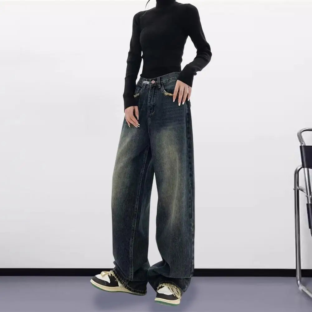 Wide Leg, Floor Length Loose Denim High Waist Vintage Hip Hop Streetwear Women Jeans