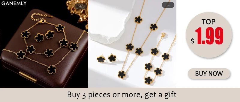 Pink Zircon Reversible Clover Necklace Bracelet Earrings Set For Women Trendy Stainless Steel Waterproof Jewelry