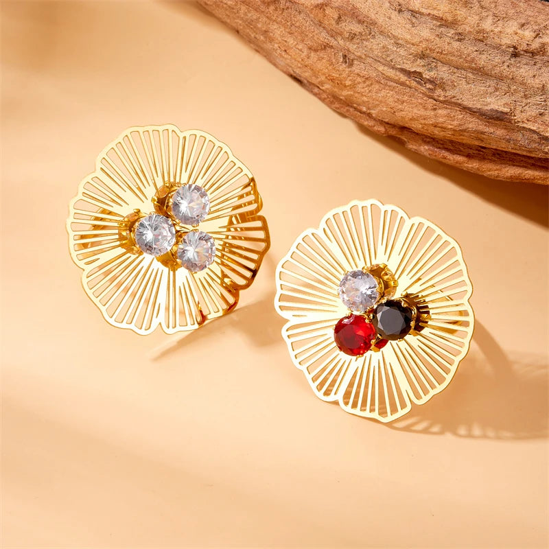 Stainless Steel Hollow Flower Inlaid With Zircon Necklace Earrings Ring For Women New Trend Non-fading Jewelry Set