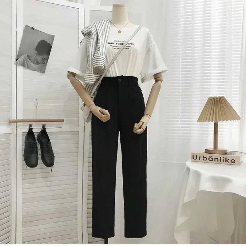 Elastic High Waist Suit Women Pants, Casual Loose Straight Black Office Ladies Trouser