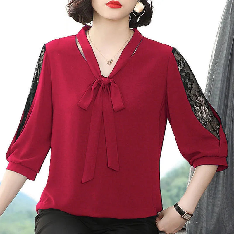 Women Casual Bow Tie Collar Half Lace Sleeve Loose Blouse