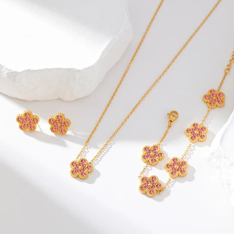 Pink Zircon Reversible Clover Necklace Bracelet Earrings Set For Women Trendy Stainless Steel Waterproof Jewelry