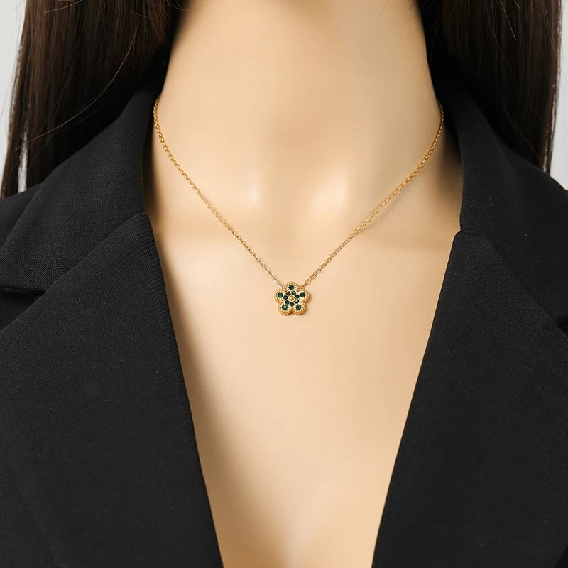 Pink Zircon Reversible Clover Necklace Bracelet Earrings Set For Women Trendy Stainless Steel Waterproof Jewelry