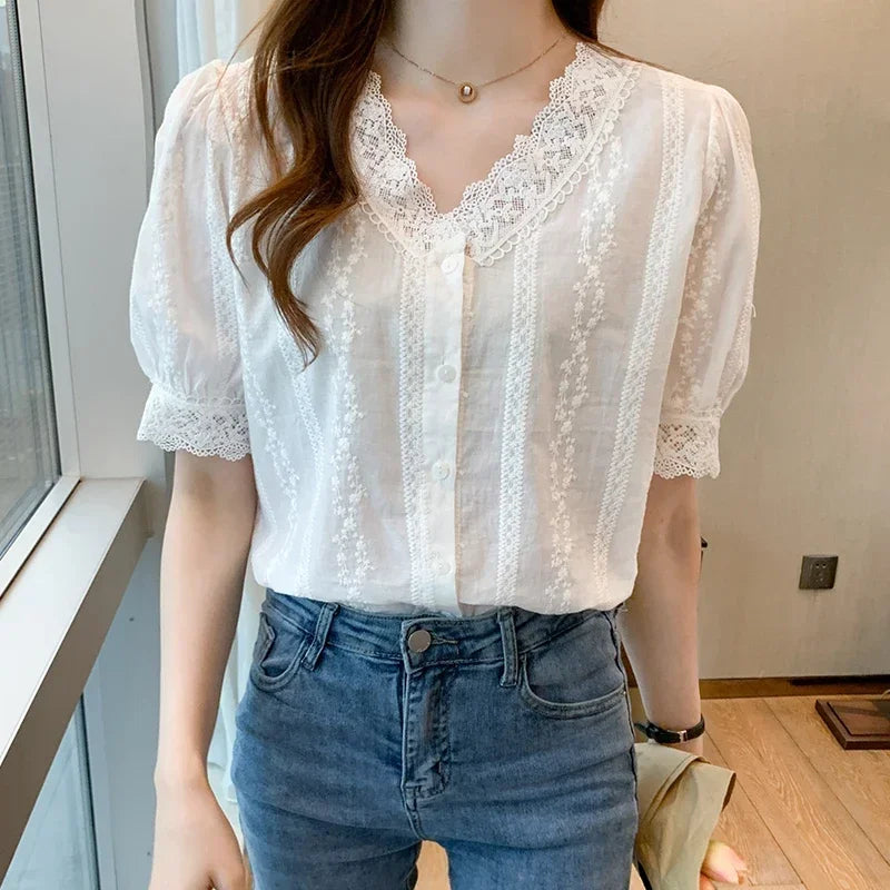 Summer Short Sleeve White Blouse Shirt Women Tops Blusas Verano Lace V-Neck Blouse Women Blouse
