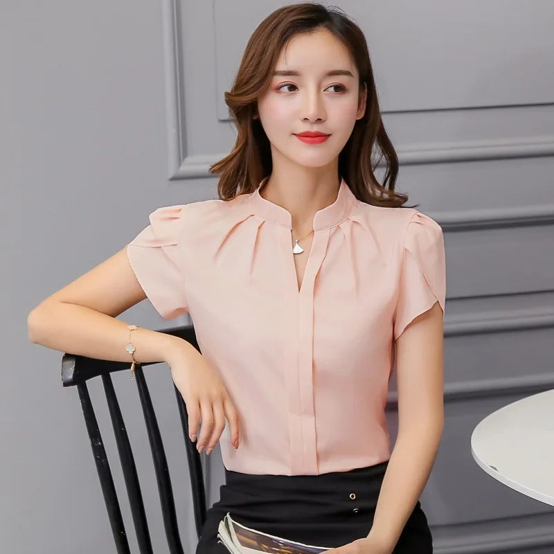 Women Office Ladies Chiffon White Shirt Short Sleeve elegant Tops Casual Clothing