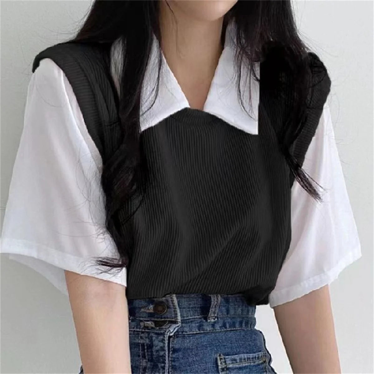 Summer Academy Style Color Blocking Polo Collar Top Short Sleeve T-shirt Women Lazy Loose Casual Versatile Blouse