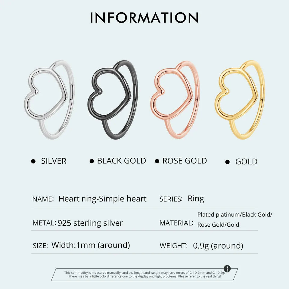 925 Sterling Silver Minimalist Heart Finger Rings for Women