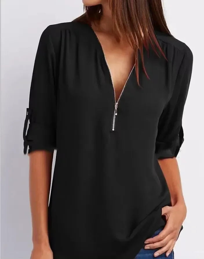 Women Cool Loose Shirt Deep V Neck Chiffon Fashion Zipper Pullover Blouse