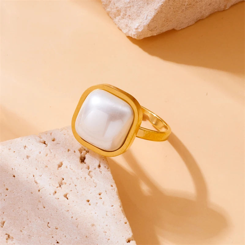 Stainless Steel Square Large Pearl Necklace Earrings Ring For Women