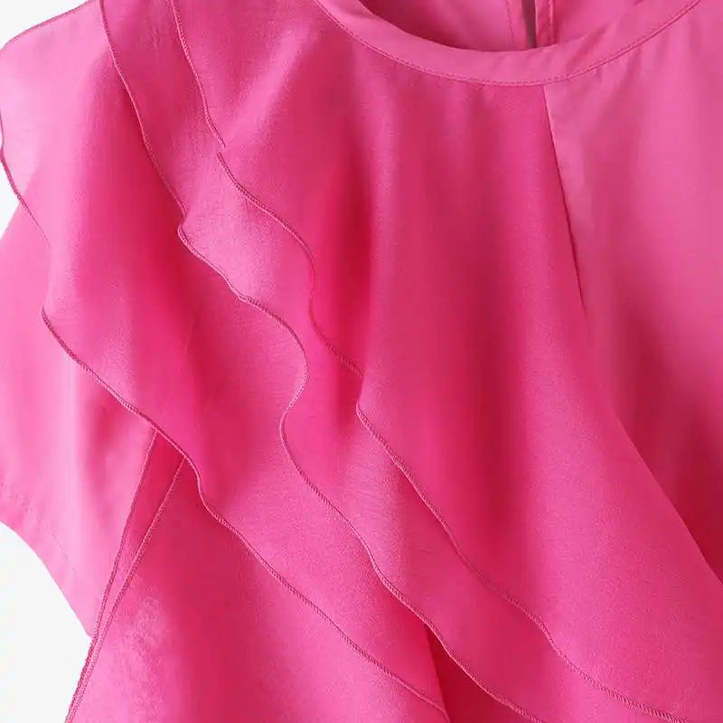 Women Ruffled Stitching Blouse Fashion Holiday O-neck Tops Summer Short Sleeve