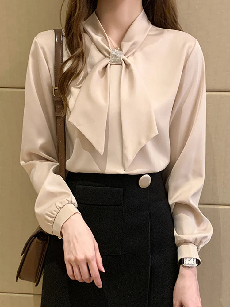 Long Sleeve Blouse Women Bow Collar Chiffon Blouse Shirt Tops Women Blouse