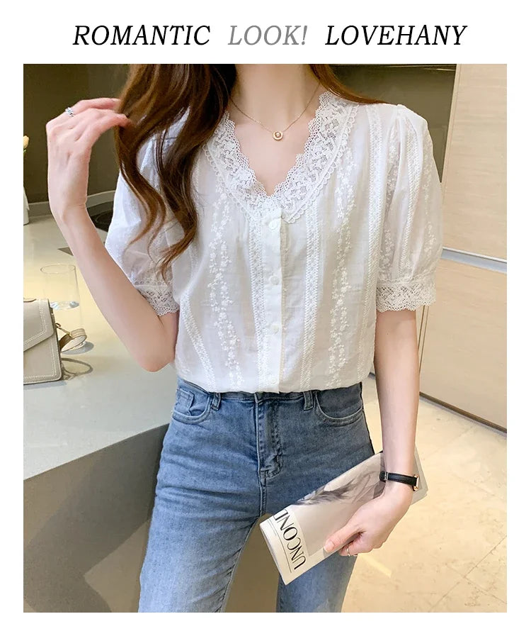 Summer Short Sleeve White Blouse Shirt Women Tops Blusas Verano Lace V-Neck Blouse Women Blouse