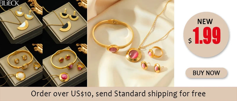 Stainless Steel 18K Gold Plated Bead Pendant Necklace Earrings Jewelry Set For Women