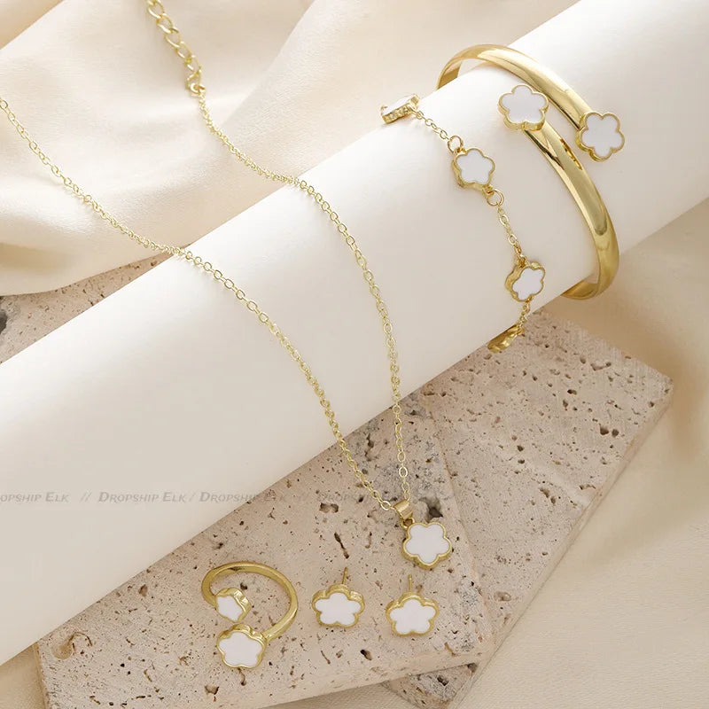Hot Selling Plum Blossom Plant Five Leaf Flower Jewelry Set Bracelet Necklace Earrings Women Stainless Steel High Quality