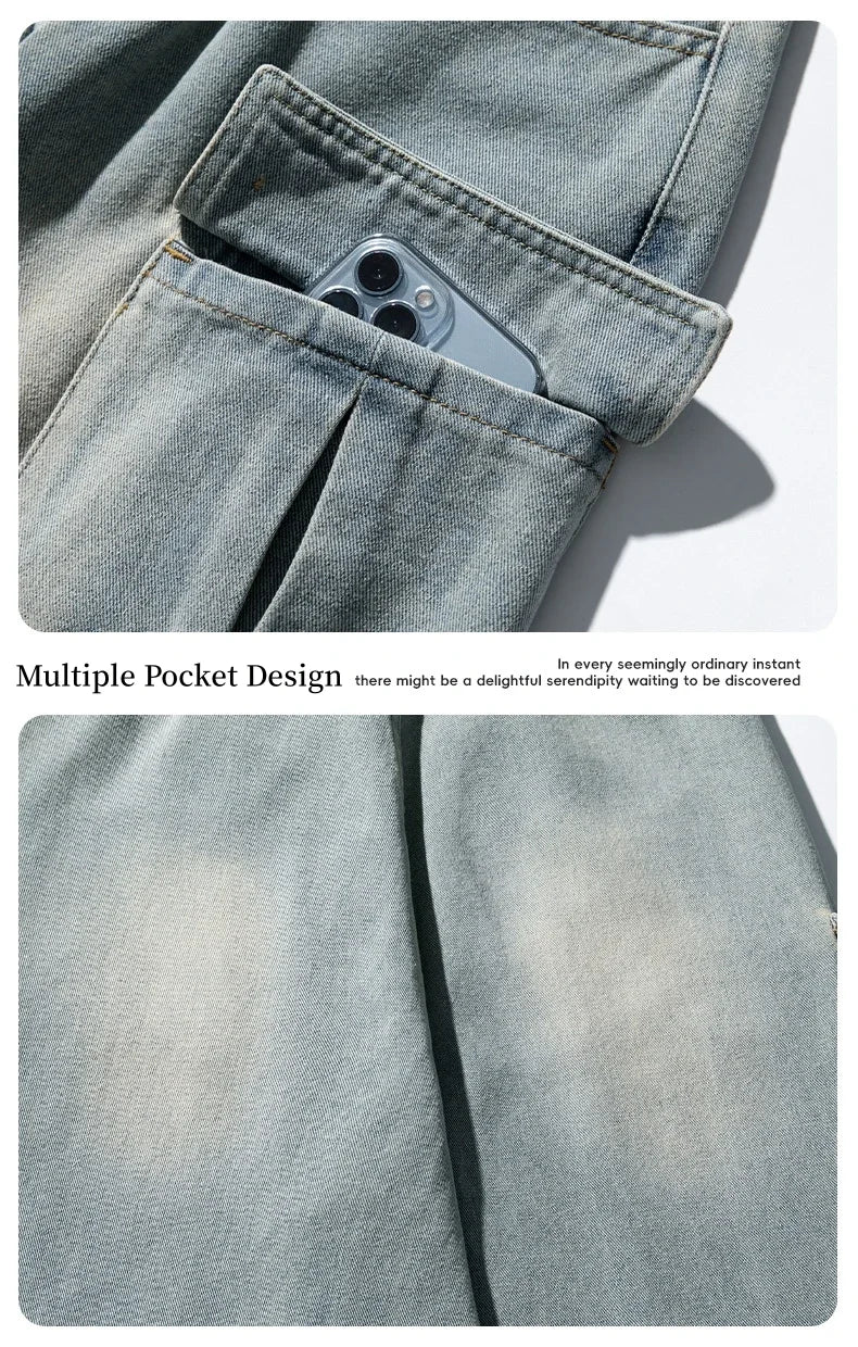 Multi-pocket Workwear Design Jeans Men's Old Washed Retro Japanese Korean Casual Pants