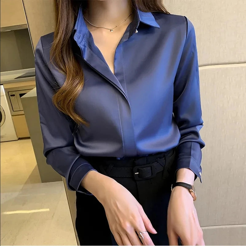 Satin Women Shirt Vintage Long Sleeve Blouse Women Silk Elegant Womens Tops