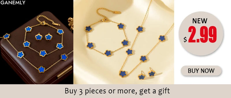 Pink Zircon Reversible Clover Necklace Bracelet Earrings Set For Women Trendy Stainless Steel Waterproof Jewelry