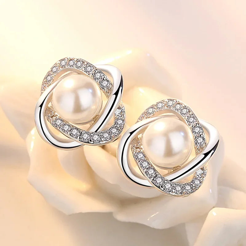 925 Sterling Silver Earrings Zircon Pearl Twist Luxury style Stud Earrings For Women