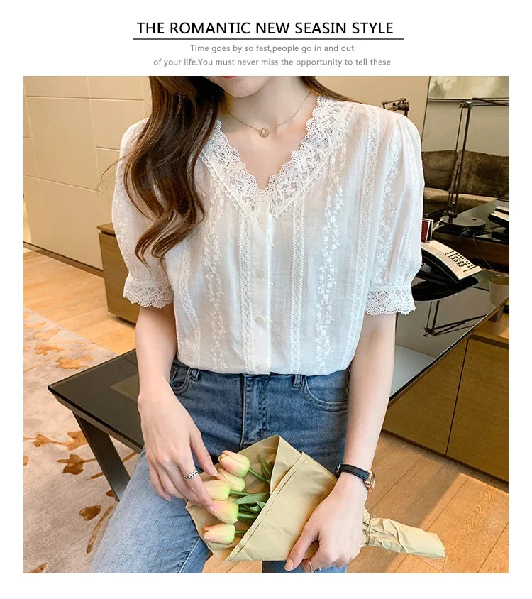 Summer Short Sleeve White Blouse Shirt Women Tops Blusas Verano Lace V-Neck Blouse Women Blouse