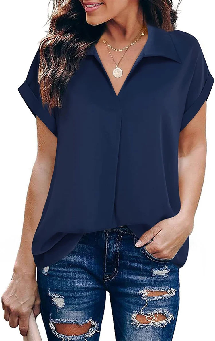 Women Summer Style Blouses Shirts Lady Casual Turn-down Collar Batwing Sleeve Solid Color Loose Blouse
