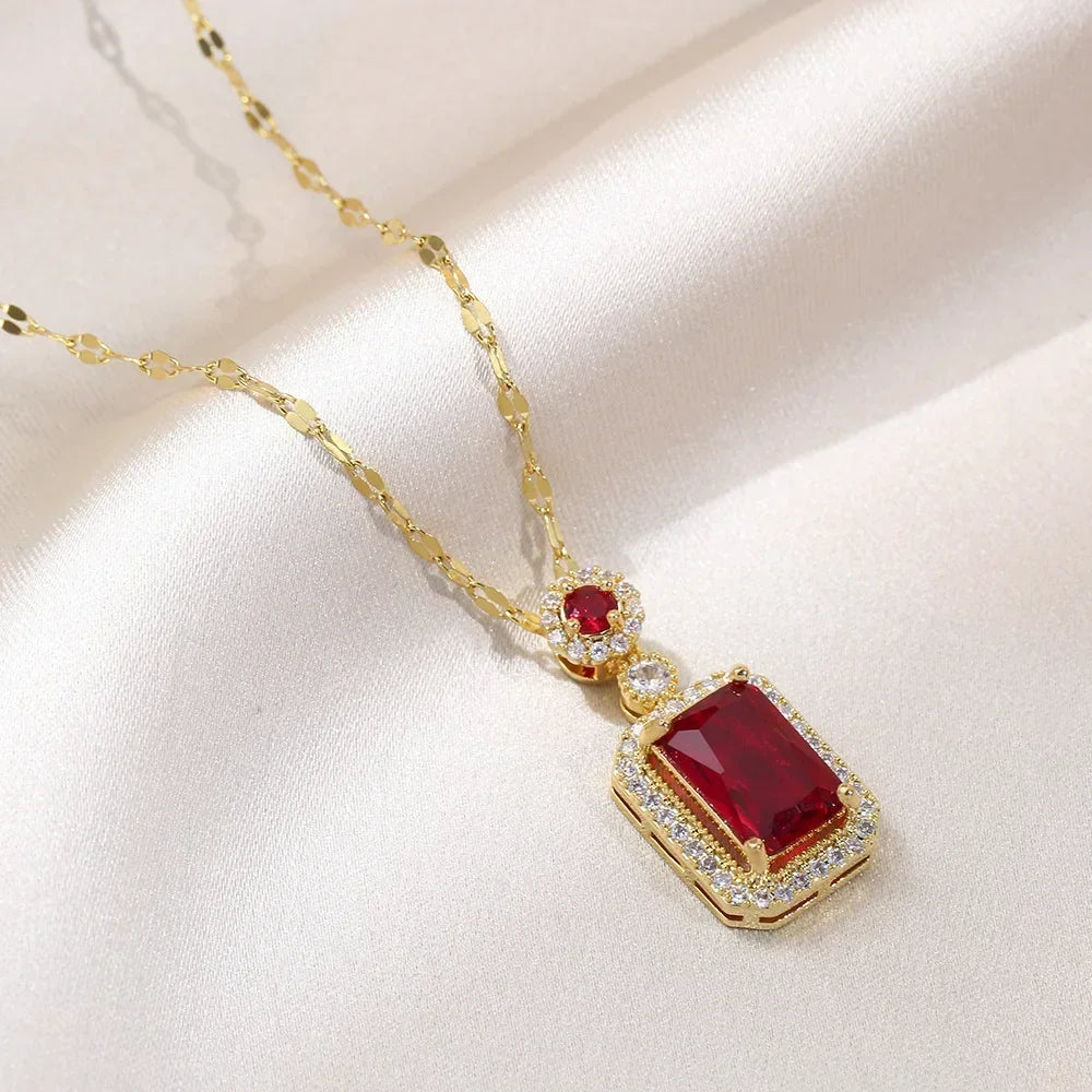 Luxury style Emerald Color Earring Necklace Rings Set For Woman Stainless Steel Zircon Rectangle Pendant Necklace