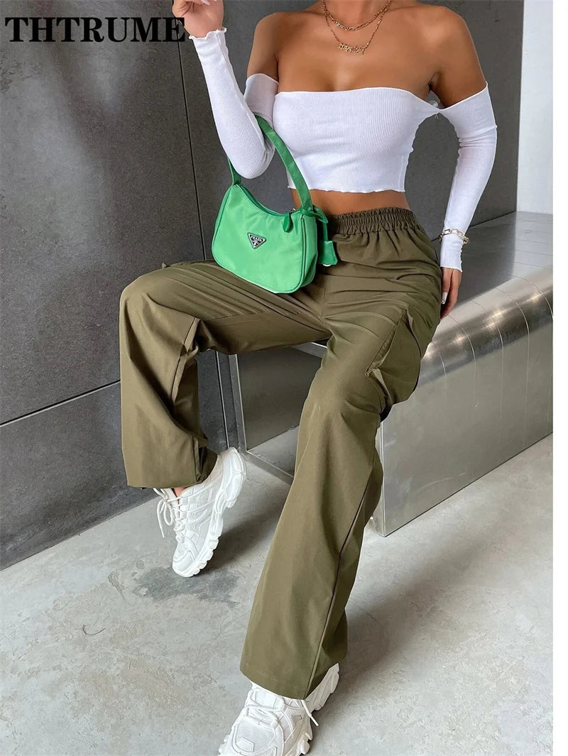 Vintage Streetwear Cargo Pants Fashion Women Solid Oversized Pocket High Waist Baggy Pant