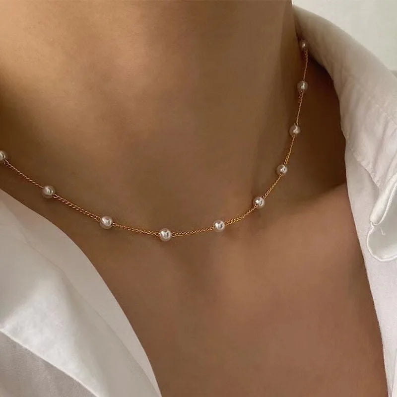 Simple Stacked Retro Imitation Emerald Green Pearl Multi-layer Necklace For Women