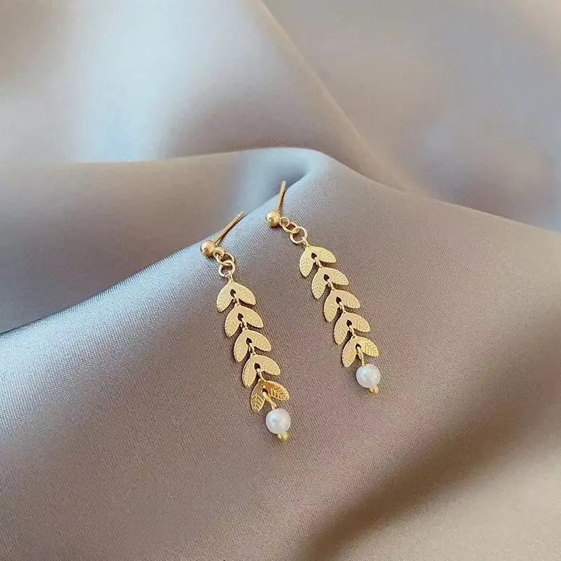 Simple Wheat Ear Pearl Bracelet Necklace Earrings Jewelry Set for Women