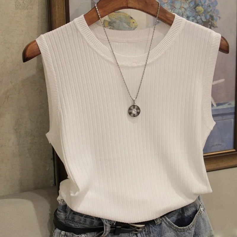 Summer Fashion Knitted Vests O-neck Sleeveless Casual Thin Tops Sleeveless Women Blouse