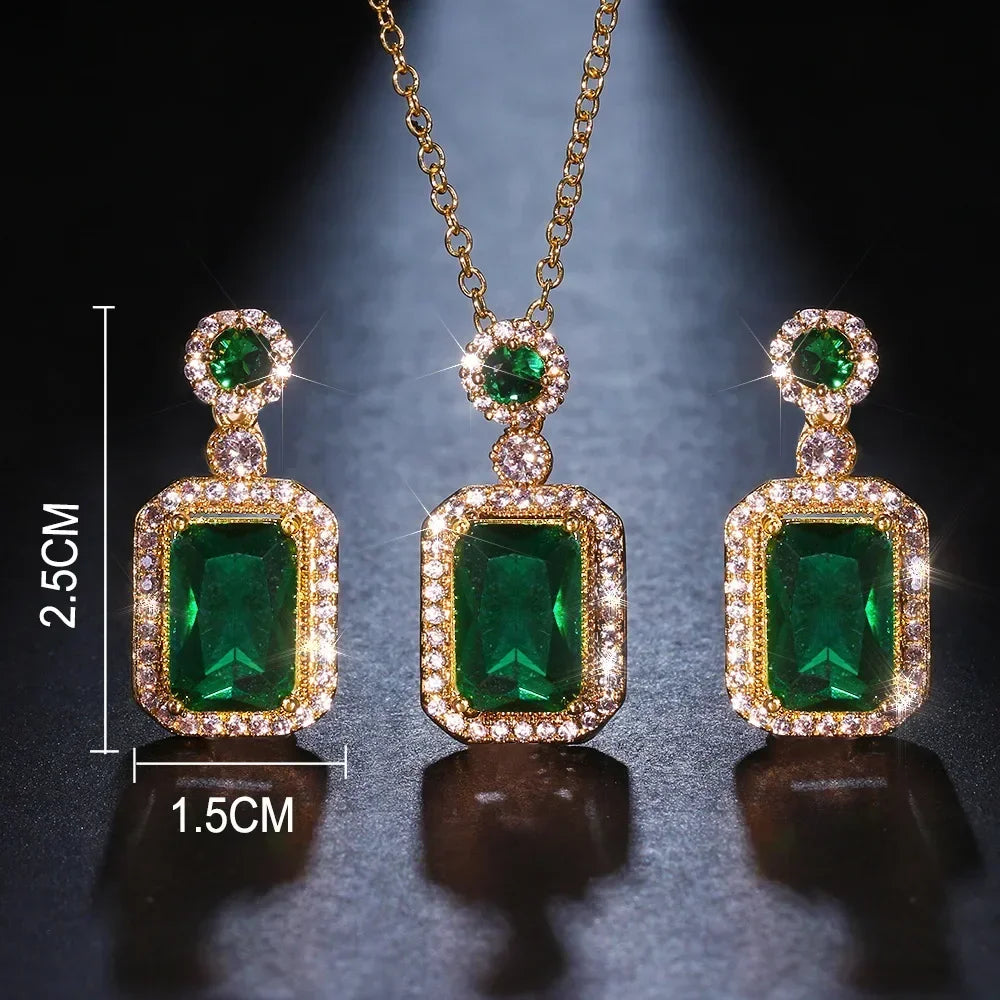 Luxury style Emerald Color Earring Necklace Rings Set For Woman Stainless Steel Zircon Rectangle Pendant Necklace