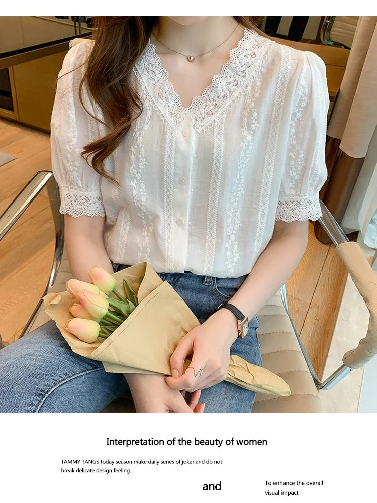 Summer Short Sleeve White Blouse Shirt Women Tops Blusas Verano Lace V-Neck Blouse Women Blouse