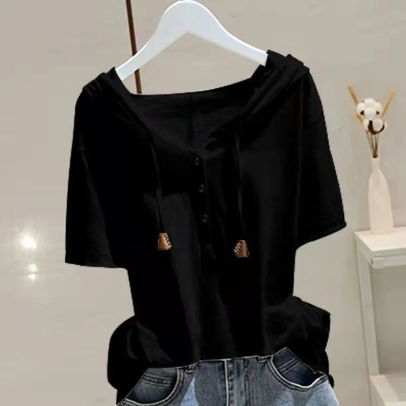 Loose T-shirt Women Spring Summer Wide Slim Versatile Belly Cover Headwear Cotton Korean Casual Style