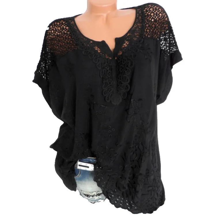 Loose Short-Sleeved Lace Women Blouses Cotton Blouses Summer V-neck White Shirt