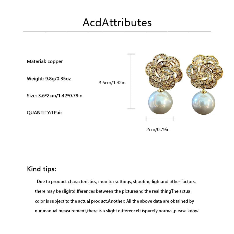 Korean Style Simple and Atmospheric Zircon Flower Pearl Summer Light Luxury style High-end Retro Earrings for Girls.