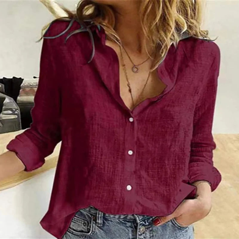 Elegant Cotton Linen Shirts Women Casual Solid Button Lapel Blouses Shirts Autumn Winter Long Sleeve Loose Tops